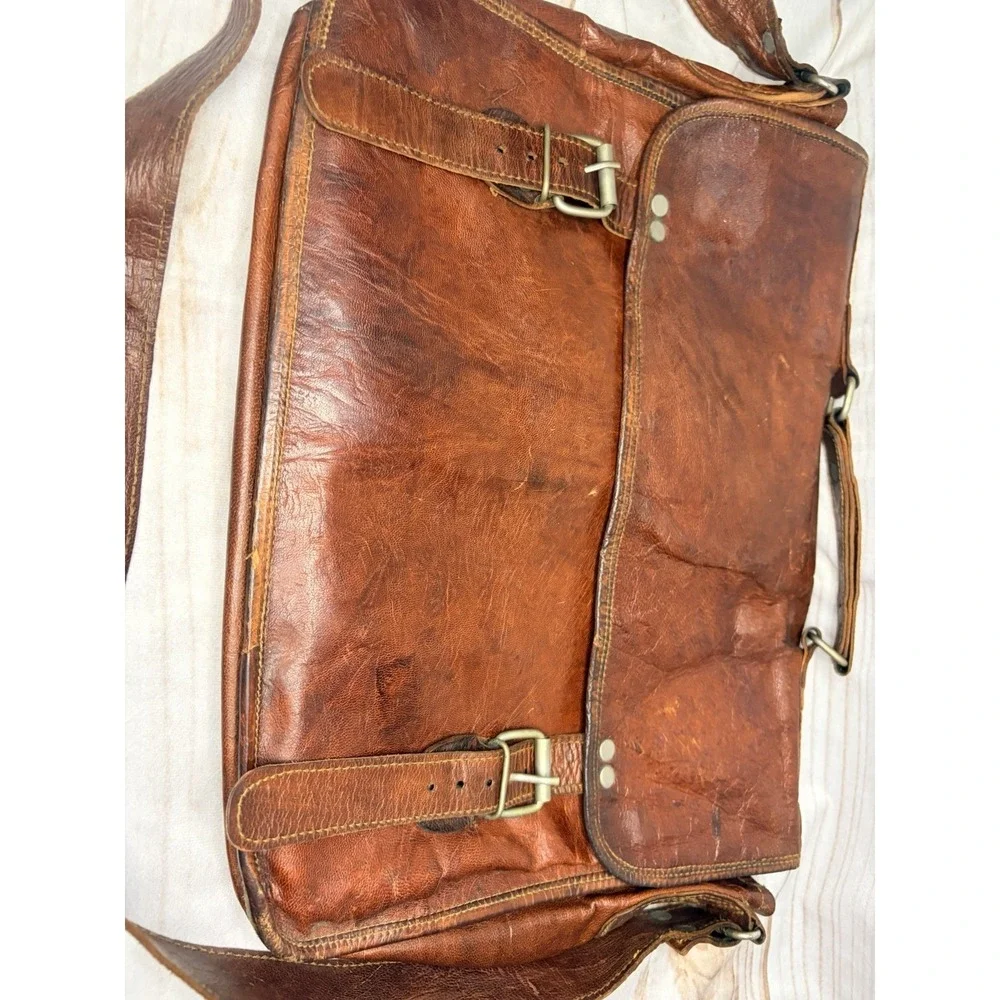 Vintage Vida Vida Brown Distress Leather Messenger Bag Satchel Laptop Crossbody